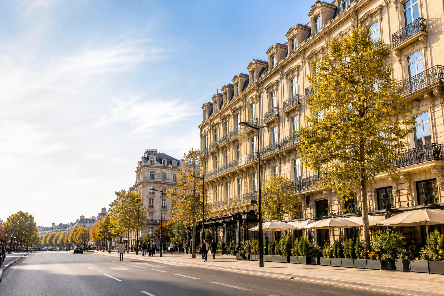 Parisian Haussmann architecture and a hotel-lined boulevard